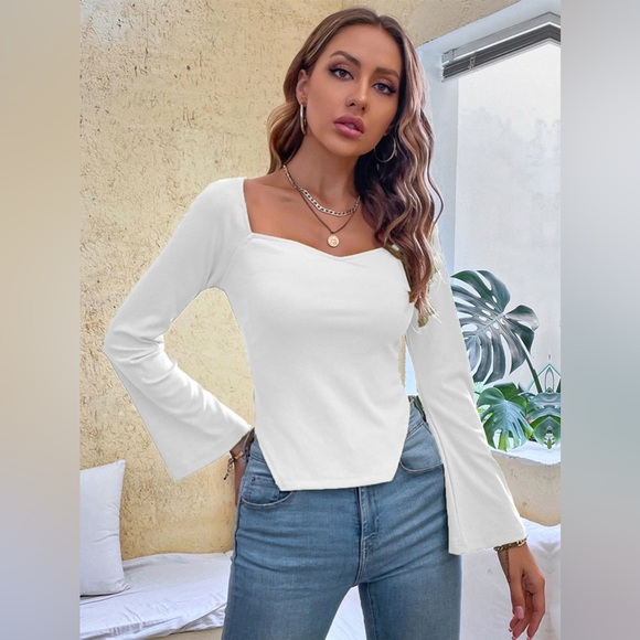 Slit Sweetheart Neck Flare Sleeve T-Shirt - Picture 13 of 15